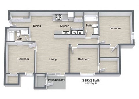 Floor plan for 3 beds, 2 baths, 1065 sqft